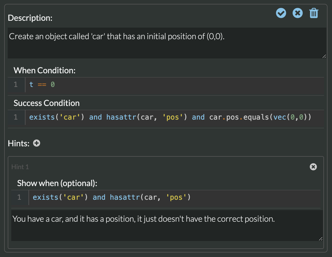 Goal editor showing Description, When Condition, Success Condition, and Hints fields.